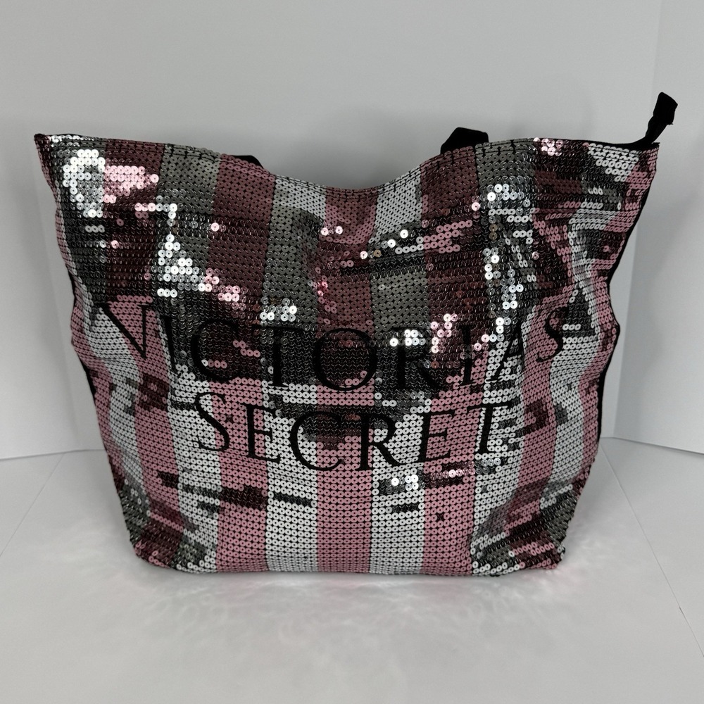 Victoria's Secret Silver Pink Striped Sequin Bling Tote Travel Bag NWT